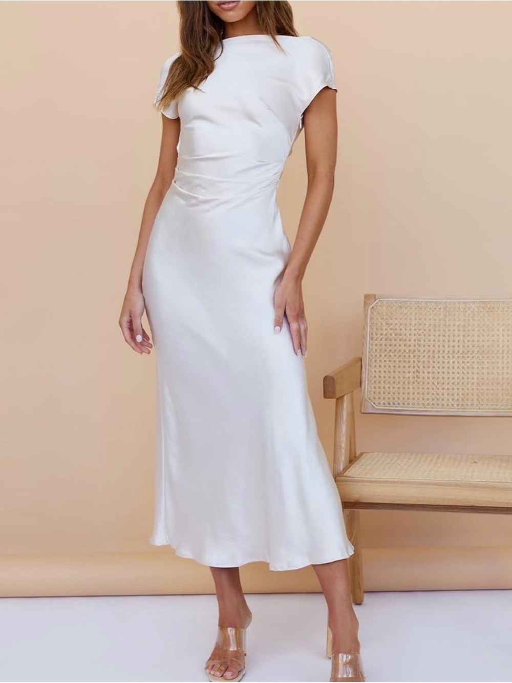 Bridal Satin-Look Ivory Cowl Neck Maxi Dress